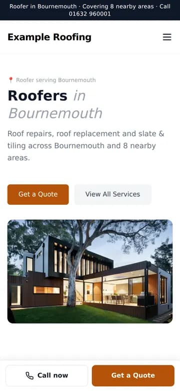 Example Roofing example site on a phone